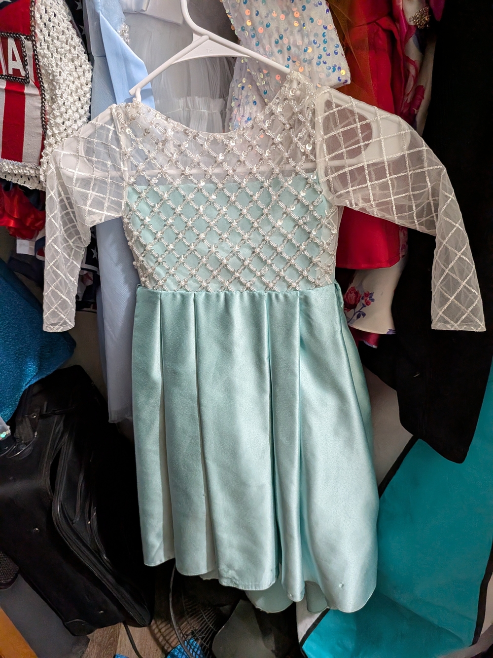 Girls Light Aqua Satin Dress with Beaded Mesh Bodice